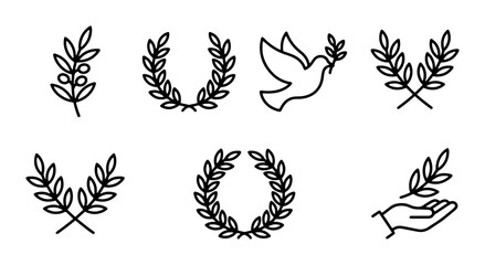 Fototapeta premium Minimalist Laurel Wreath and Dove Icons, Vector Set: Olive Branch, Peace Symbol, Award Emblem, Elegant Design Elements for Celebrations and Recognition
