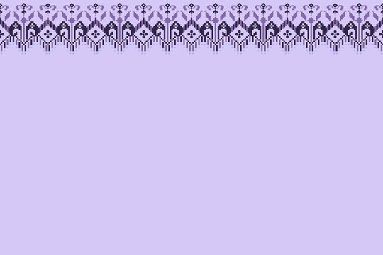 Traditional pixel border pattern with symmetrical geometric motifs in purple and lavender. Decorative textile frame with copy space, ideal for fabric, stationery, packaging, wallpaper, and digital bac