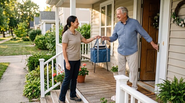Community meal delivery driver chatting with senior man on front porch
