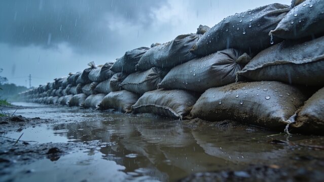 Protective sandbag wall preventing floodwater from entering homes during severe seasonal rainstorm.