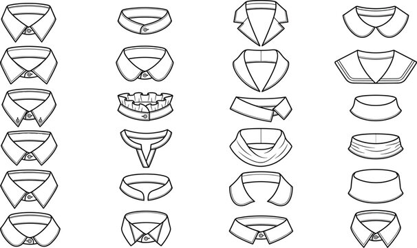 Fashion shirt collar vector icon set featuring various neckline styles like peter pan mandarin ruffled cowl and classic button down designs.