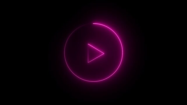 Glowing neon shine play button sign with neon circle animation. Neon glowing play button icon on the black background. pink color neon icon. 4k animation motion video..