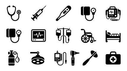 Fototapeta premium Set of black and white medical and healthcare icons representing hospital equipment and clinical diagnostic tools