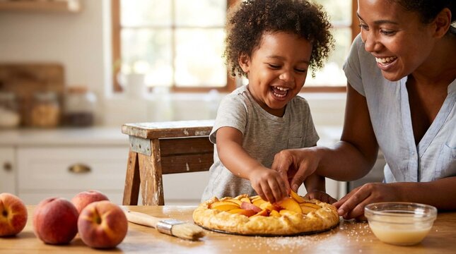 Toddler and Parent are Arranging Fresh Peach Slices on Golden Tart in Bright Summer Kitchen �� Joyful Family Baking Lifestyle for Seasonal Campaign