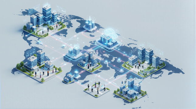 Global business network with isometric 3D cities on world map, digital communication infrastructure, international corporate connectivity concept