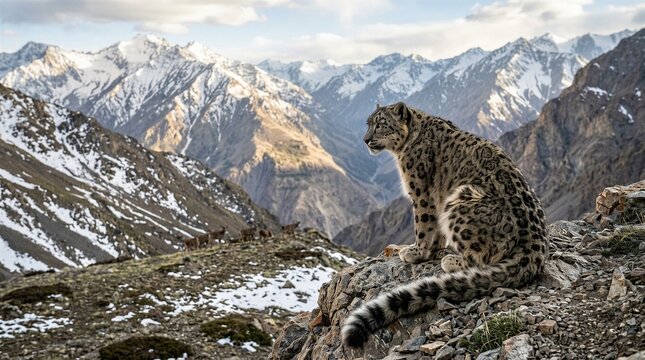 Majestic Snow Leopard Watching Over Snow-Capped Mountain Range At Dusk