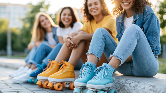 Faceless group of friends taking a break from roller skating, sitting together laughing, friendship bonding, outdoor recreation, active lifestyle, with copy space
