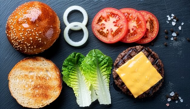 Top-down flat lay of deconstructed cheeseburger ingredients: grilled patty with cheese, toasted sesame buns, lettuce, tomatoes, and onions on a dark slate.
