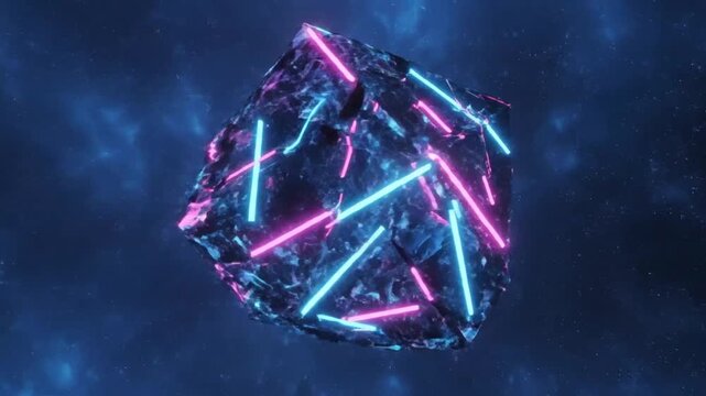 Futuristic abstract cube with neon lights floating in space creating a captivating visual effect.