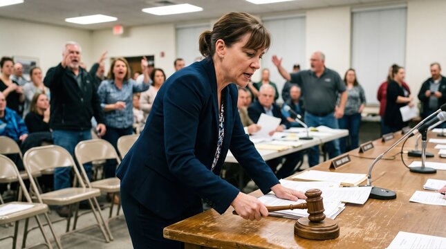 Gavel strike restores order in chaotic town meeting room