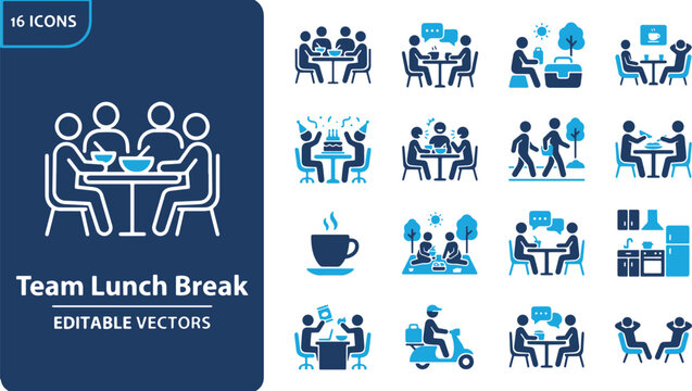 Colleagues eating lunch together vector icon set featuring office break dining coffee time picnic and food delivery symbols