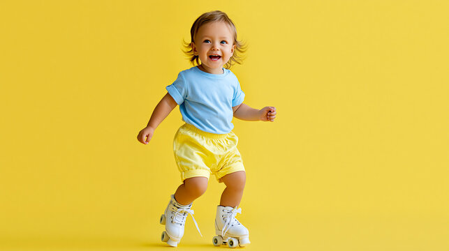 Faceless little baby with roller skates, happy smile, studio background, childhood recreation, active lifestyle, playful moment, with copy space
