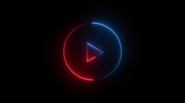 Glowing neon shine play button sign with neon circle animation. Neon glowing play button icon on the black background. red and blue color neon icon. 4k animation motion video..