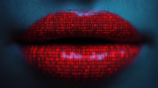 Close-up of red lips overlaid with glowing binary code, symbolizing digital communication and technology.