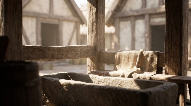 Rustic stone trough and woven cloth under a wooden shelter in a historical village