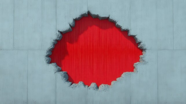 A concrete wall with a large irregular hole revealing a vibrant red background behind it.