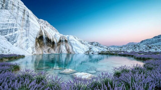 Stunning Surreal Landscape Featuring White Travertine Cliffs and Lavender Fields by a Crystal Lake