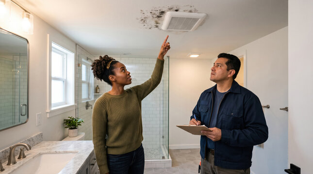 Bathroom mold spots around ventilation grille discussed with maintenance worker