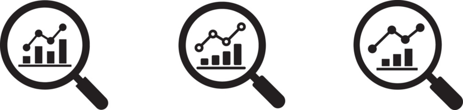 Magnifying glass icons with financial bar charts and growth trends, magnifying