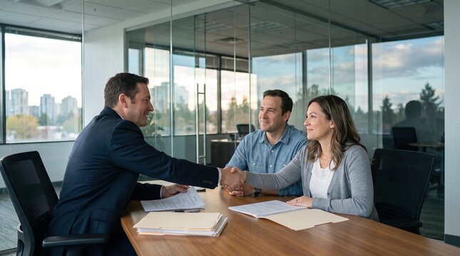 Mortgage broker handshake after refinancing meeting in modern glass office