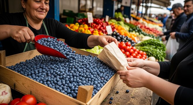 Fresh blueberries at the market  a seller uses a red scoop to showcase delicious moldovan berries