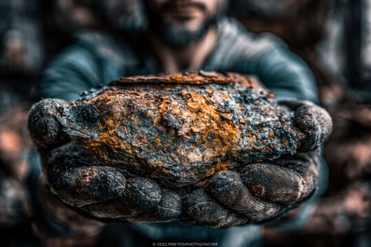 Mechanic Holds Rusted Metal Fragment in Workshop With Blurred Background and Soft Key Light in Macro Focus