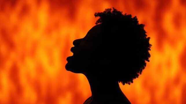 Silhouette of a person with curly hair against a vibrant, fiery orange background resembling flames or intense light.