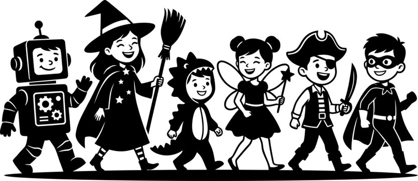Black and white Halloween kids costumes parade illustration