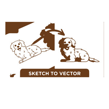 Sketch to Vector Dog: A brown graphic illustration showing a fluffy dog in two stages: first, a sketchy drawing, then a refined vector graphic, depicting the transformation process.