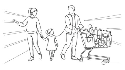 Obraz premium A young family shopping together in a grocery store line art illustration.