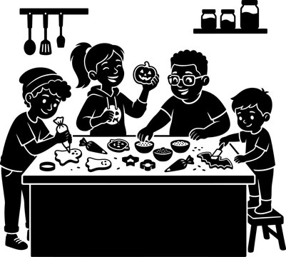 Kids decorating Halloween cookies together at a table
