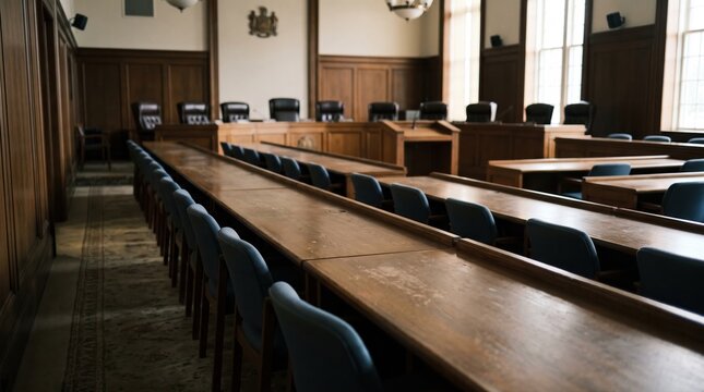 Press seating row with blank wooden desks in quiet city hall chamber