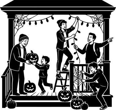 Family decorating porch with Halloween pumpkins and spider webs together