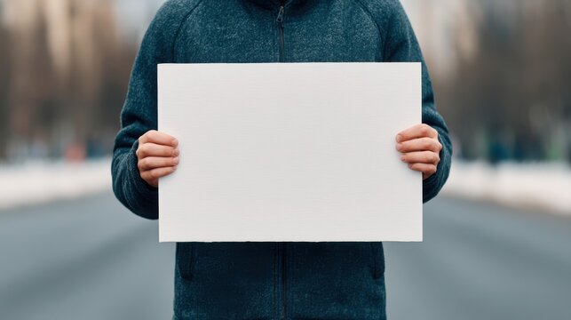 Person in a blue jacket holding a blank white signboard on an empty street with blurred background.
