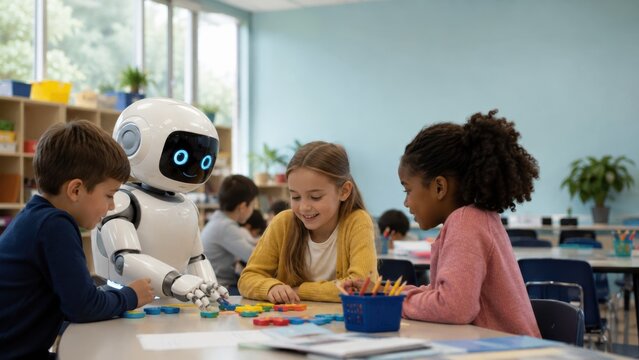Children and a friendly robot collaborate on a classroom activity, showcasing the integration of technology and education.