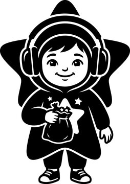 Halloween star child with headphones and trick-or-treat bag