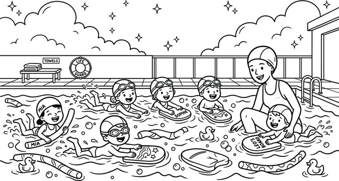 Happy children learning how to swim in outdoor pool with female coach instructor outline vector coloring page illustration