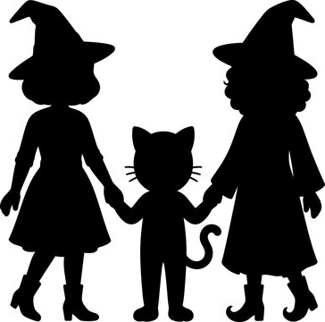 Silhouette of two witches and a cat for Halloween design