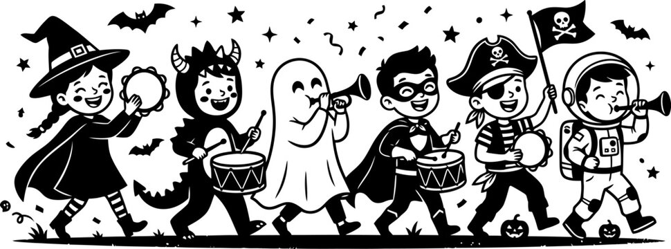 Black and white Halloween parade illustration for greeting cards and invitations