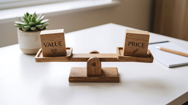 Balanced wooden scale model showing value versus price with diamond and pencil icons