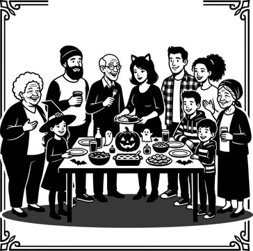 Happy family celebrating Halloween together with food and decorations