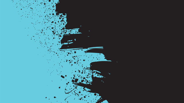 Black brushstroke marks with black paint drops on a blue background.