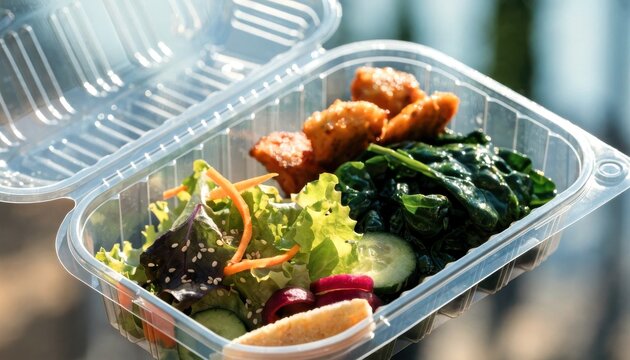 Grab and go food concept. A healthy, fresh salad with greens, grilled chicken, and mixed vegetables in a clear plastic takeout container.