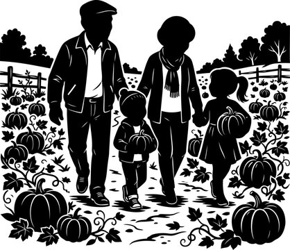 Family picking pumpkins together at a pumpkin patch on a crisp autumn day