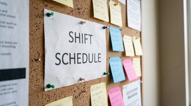 Shift schedule notice pinned on corkboard in staff backroom
