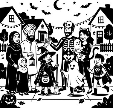Happy Muslim family celebrating Halloween together with diverse costumes and decorations