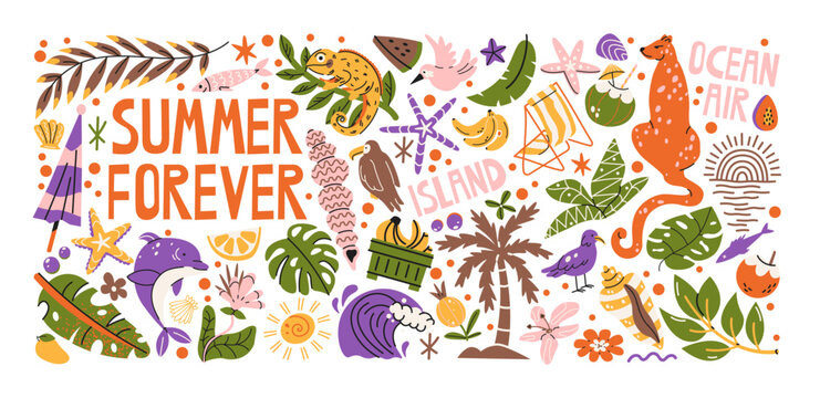Tropical island life stickers with palm trees, tropical animals, exotic fruits, ocean plants and coastal nature, paradise vacation elements, summer beach travel and tropical lifestyle