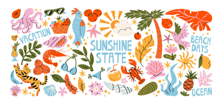 Tropical island life stickers with palm trees, tropical animals, exotic fruits, ocean plants and coastal nature, paradise vacation elements, summer beach travel and tropical lifestyle