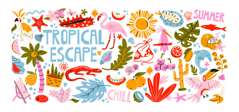 Tropical island life stickers with palm trees, tropical animals, exotic fruits, ocean plants and coastal nature, paradise vacation elements, summer beach travel and tropical lifestyle