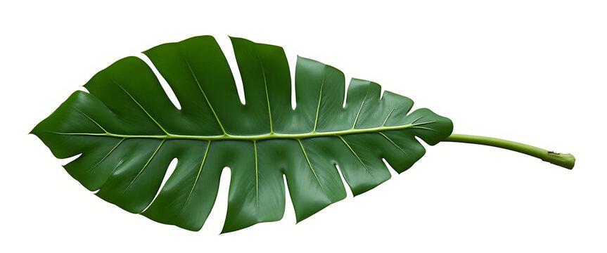 Single green monstera deliciosa leaf with fenestrations isolated on white background.